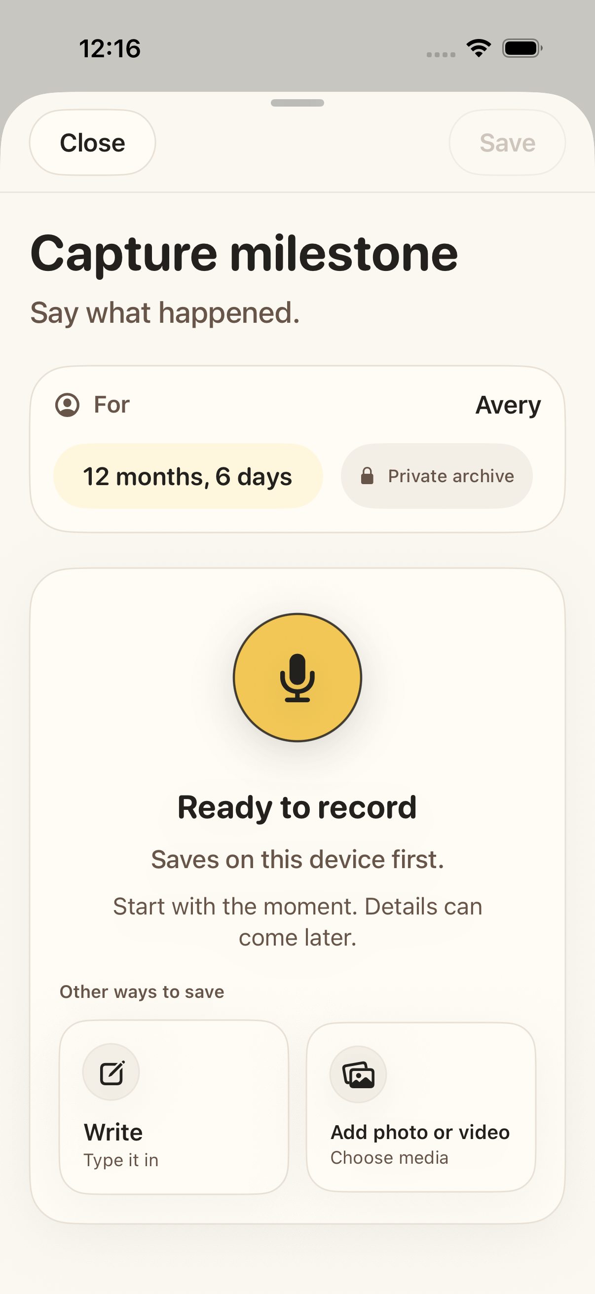 Littlemark capture screen showing a voice-first memory save flow