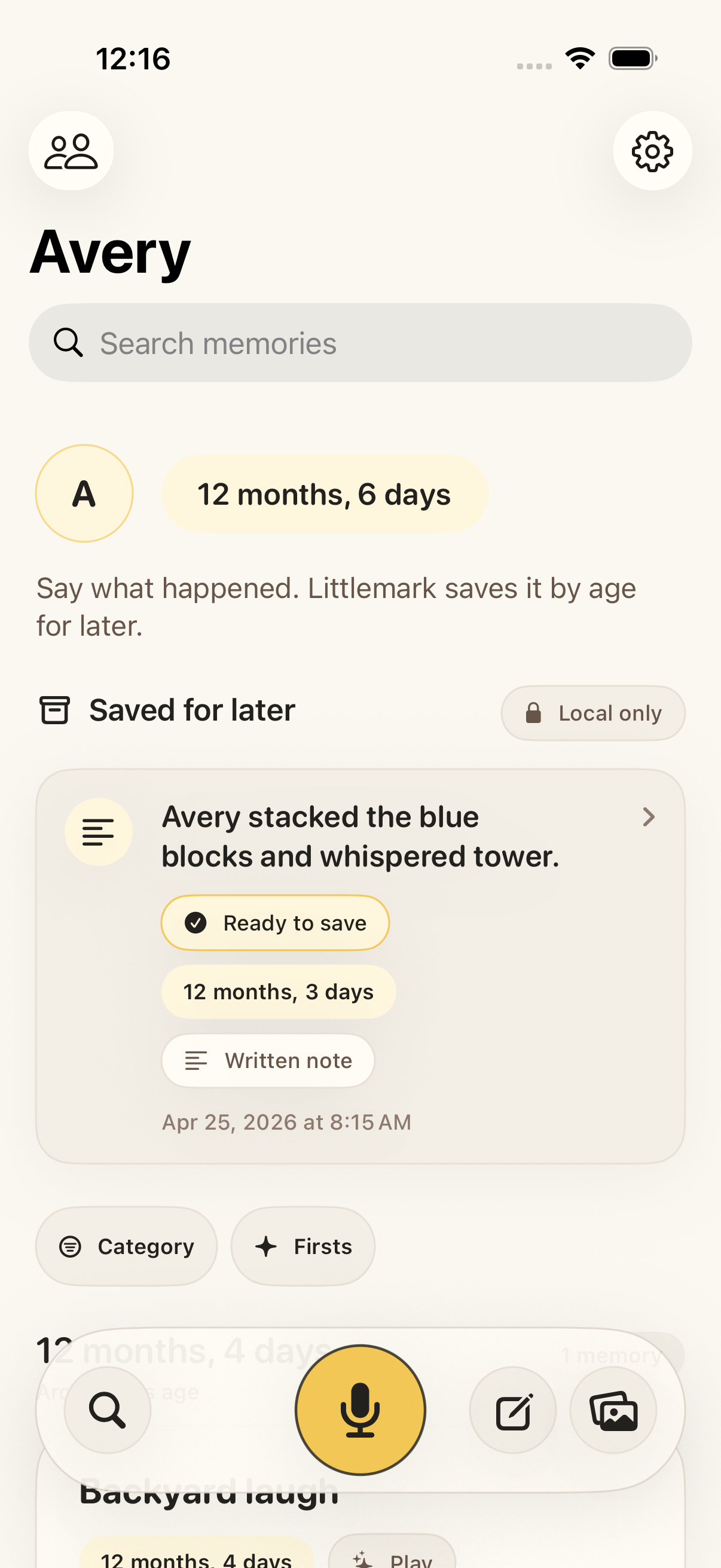 Littlemark timeline screen showing memories organized by child age